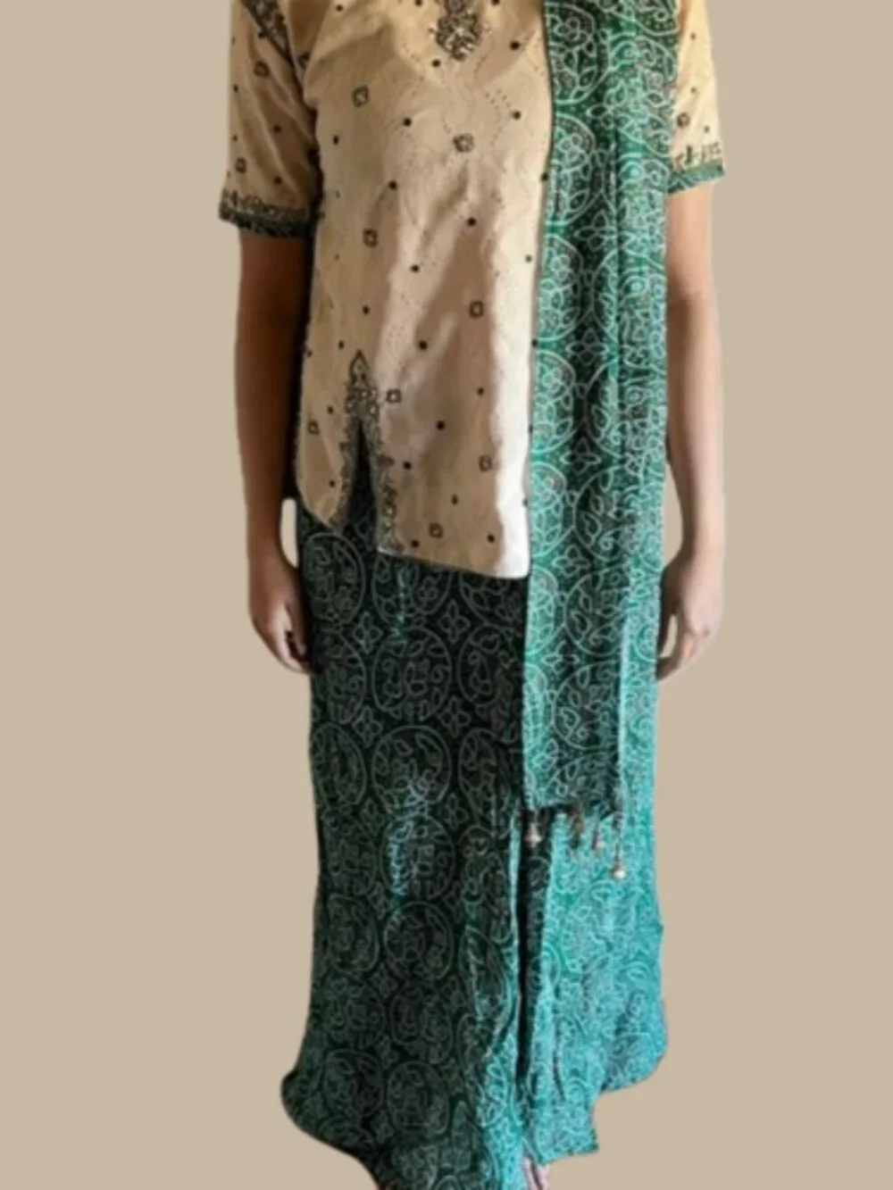 Tan Green Bandhani Embroidered Lehenga corset style Indian Wedding mehndi choli